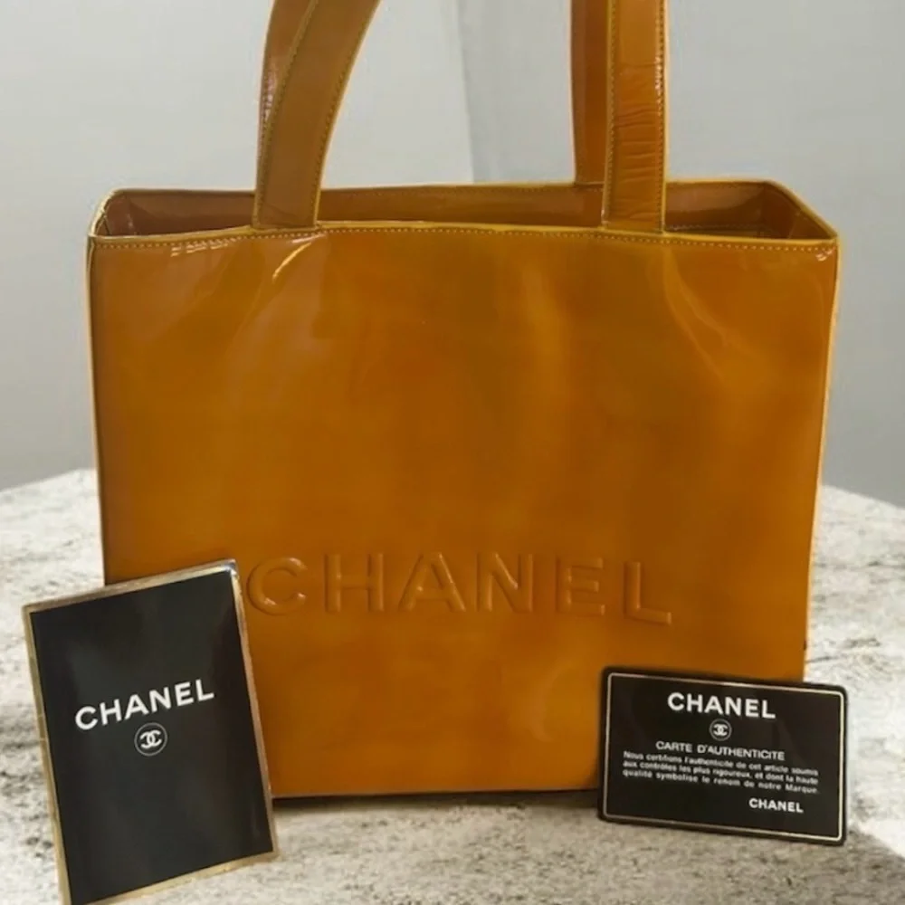 CHANEL Mustard Yellow Patent Leather Tote